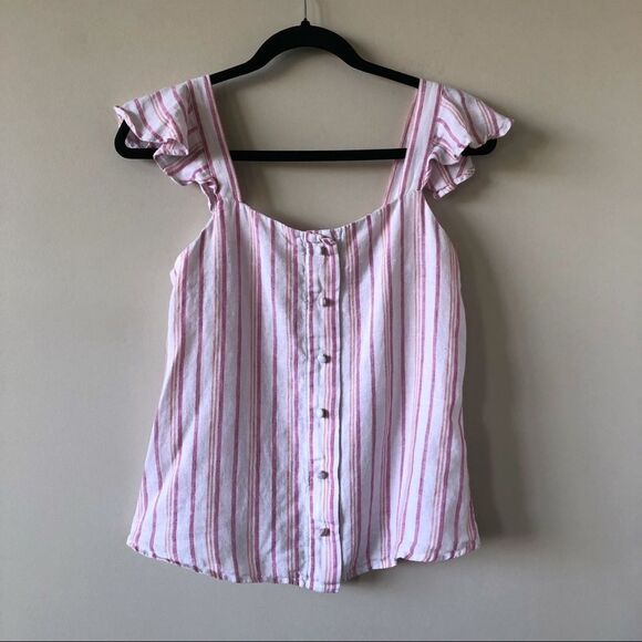 M&s COLLECTION Pure Linen Striped Ruffle Top - Picture 3 of 9